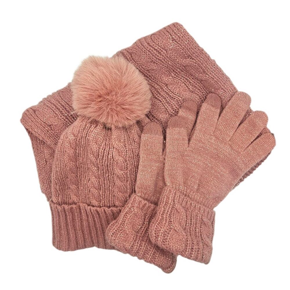 Set of 3 Bundle-Style & Co. Rose Pink Winter Scarf, Gloves & Hat